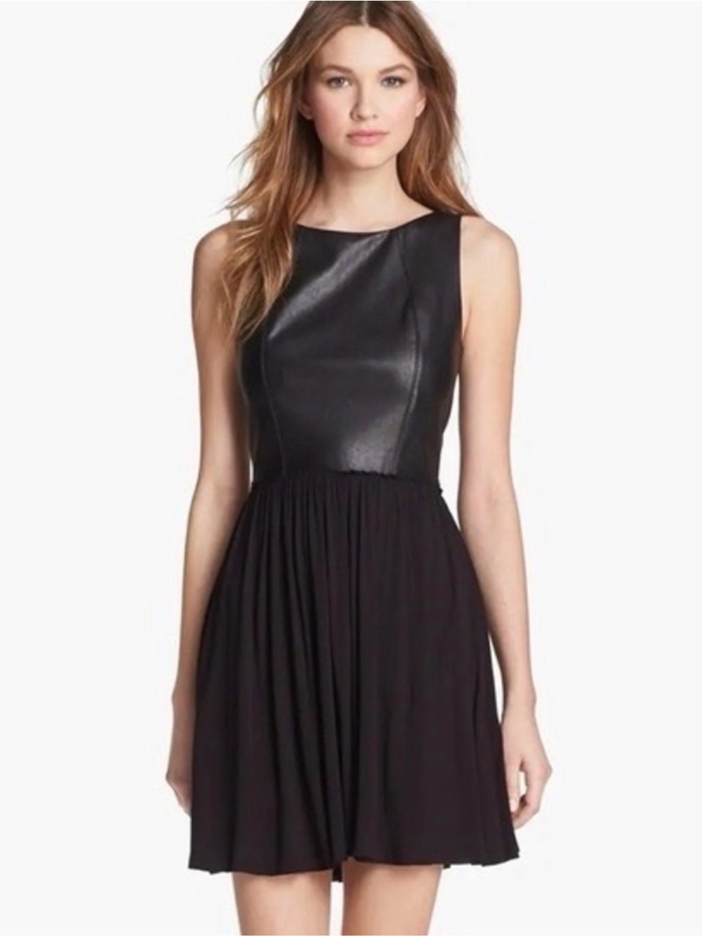 Bailey 44 Black Faux Leather & Jersey Mixed Media Dress Pleated Cocktail Dress